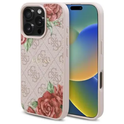 OVITEK GUESS ZA IPHONE 16 PRO 6.3'' ROZA TRDA 4G POTISK ROŽIC MAGSAFE