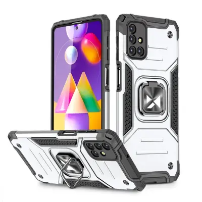 Armored hybrid etui za Samsung Galaxy M31s + magnetno držalo Ring Armor, srebrn