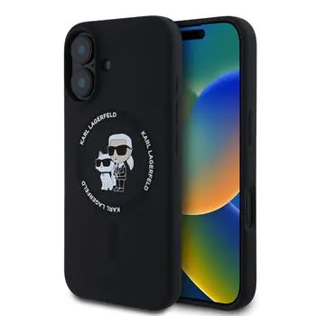 Originalen KARL LAGERFELD ovitek MagSafe iPhone 16 - Karl and Choupette - črn - KLHMP16SSCMKCRHK