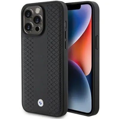 OVITEK BMW USNJEN OVITEK Z DIAMANTNIM VZORECEM ZA IPHONE 15 PRO ČRN