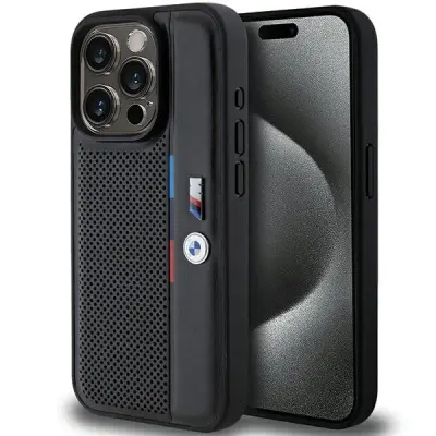 BMW PERFORIRAN TRICOLOR LINE CASE OVITEK ZA IPHONE 15 PRO ČRN