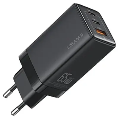 USAMS OMREŽNI POLNILEC 2XUSB-C 1XUSB 65W PD3.0 QC3.0 ČRN