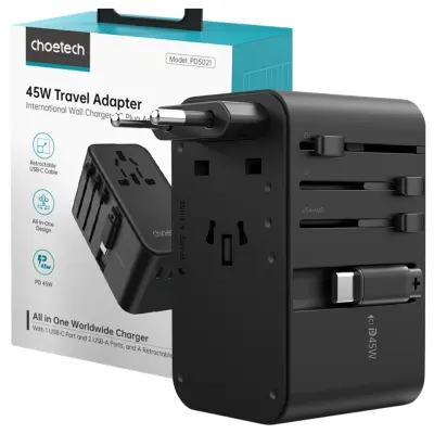 CHOETECH POTOVALNI ADAPTER PD5021 45W EU US AUS UK Z KABLOM USB-C ČRN