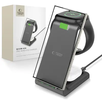 TECH-PROTECT QI15W-A36 BREZŽIČNI POLNILEC 3V1 ZA ANDROID ČRN