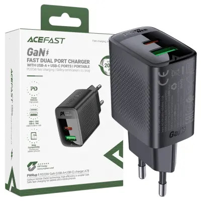 MREŽNI POLNILEC ACEFAST GAN USB-A / USB-C PD 20W ZA TELEFONE ČRN