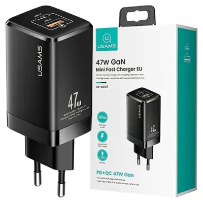 USAMS T41 OMREŽNI POLNILEC USB-C+USB 47W PD QC HITRO POLNJENJE ZA TELEFON