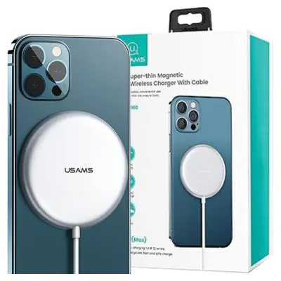 USAMS MAGNETNI INDUKCIJSKI POLNILEC 15W ZA IPHONE SERIJA 12 SREBRN