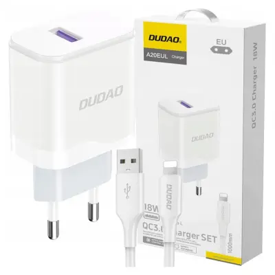 DUDAO HITRI MREŽNI POLNILEC USB-A 18W BEL + LIGHTNING KABEL