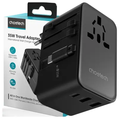 CHOETECH POTOVALNI ADAPTER PD5020 35W EU US AUS UK Z USB-C KABLOM ČRN