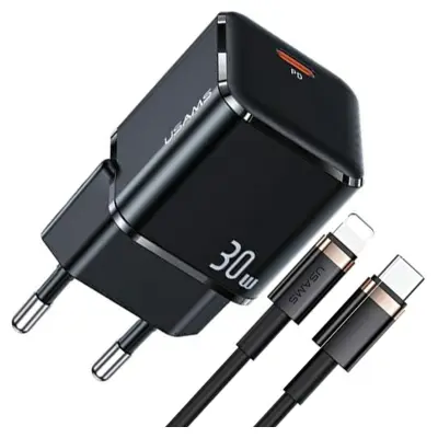 USAMS ŁAD. SIEC. 1XUSB-C T45 30W PD3.0 FAST CHARGING +KABEL U63 USB-C/LIGHTNING CZARNY/BLACK UXTZH01 (USAMS-UX)