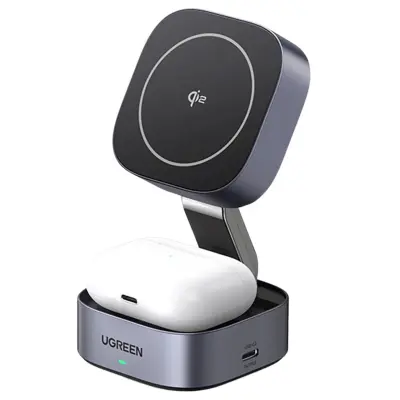 INDUKCIJSKI POLNILEC UGREEN 3V1 ZA MAGSAFE QI2 ZA TELEFON IN SLUŠALKE