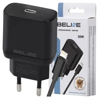 BELINE OMREŽNI POLNILEC 1X USB-C 30W PD 3.0 + LIGHTNING KABEL ČRN