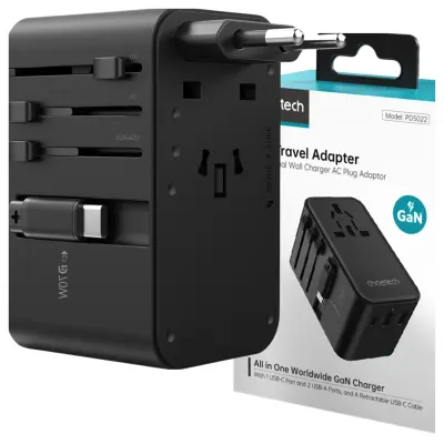 CHOETECH POTOVALNI ADAPTER PD5022 70W EU US AUS UK Z USB-C KABLOM ČRN