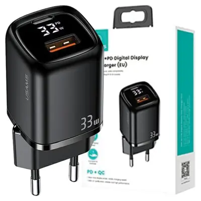 USAMS OMREŽNI POLNILEC 1XUSB-C 1XUSB PD3.0 QC3.0 33W ZA TELEFONE ČRN