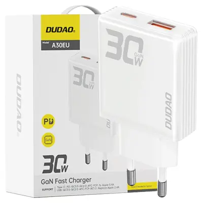 DUDAO STENSKI POLNILEC GAN 30W USB-A USB-C ZA TELEFONE IN TABLICE BEL