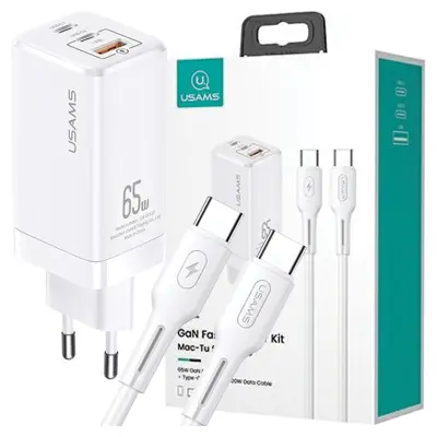 USAMS OMREŽNI POLNILEC 2XUSB-C + USB PD 65W ZA TELEFONE + KABEL