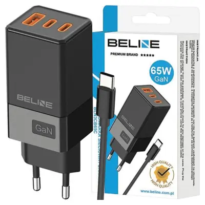 BELINE OMREŽNI POLNILEC 65W 2X USB-C + 1X USB PD 3.0 QC 3.0 ČRN
