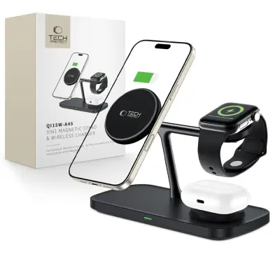 TECH-PROTECT QI INDUKCIJSKI POLNILEC 15W 3V1 MAGNETNI ZA MAGSAFE ČRN