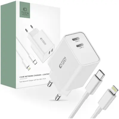 TECH-PROTECT 2-PORTNI MREŽNI POLNILEC PD35W + ZA LIGHTNING KABEL BEL