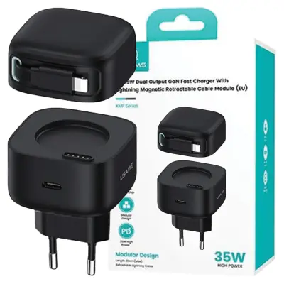 USAMS ŁAD. SIEC. 1XUSB-C ZE ZWIJANYM KABLEM LIGHNING RETRACTABLE PD+QC 35W GAN FAST CHARGING CZARNY/BLACK XMF SERIES CC209TC01 (US-CC209)