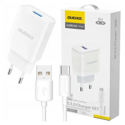 DUDAO OMREŽNI POLNILEC 18W USB-A + KABEL USB-A NA USB-C BEL