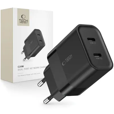 TECH-PROTECT C20W 2-PORTNI MREŽNI POLNILEC PD20W ČRN ZA TELEFONE