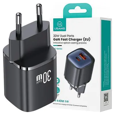 USAMS 30W OMREŽNI POLNILEC USB-C USB-A OVITEK ZA TELEFONE ČRNO