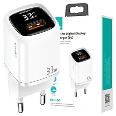 USAMS OMREŽNI POLNILEC 1XUSB-C 1XUSB PD3.0 QC3.0 33W ZA TELEFON BEL