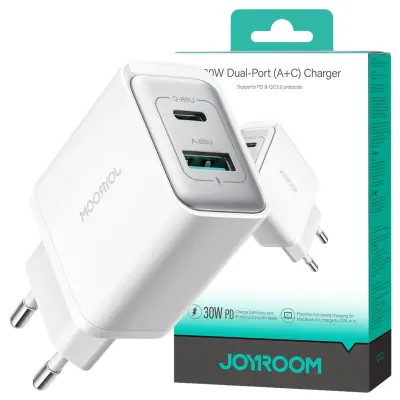 JOYROOM USB-C / USB-A 30W OMREŽNI POLNILEC ZA TELEFON, BEL