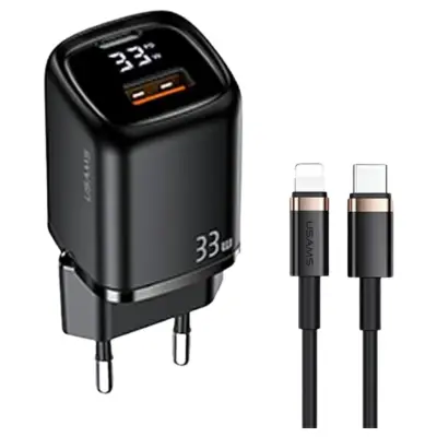 USAMS ŁAD. SIEC. 1XUSB-C+1XUSB T46 33W PD3.0 +QC3.0 FAST CHARGING +KABEL U63 USB-C/LIGHTNING CZARNY/BLACK UDTZ01