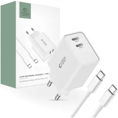 TECH-PROTECT OMREŽNI POLNILEC 35 W 2-PORTNI KABEL PD NA USB TYPE-C BEL
