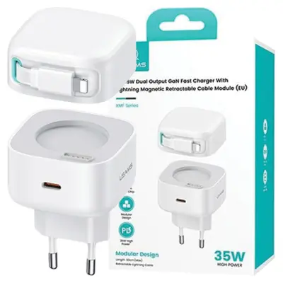 USAMS ŁAD. SIEC. 1XUSB-C ZE ZWIJANYM KABLEM LIGHNING RETRACTABLE PD+QC 35W GAN FAST CHARGING BIAŁY/WHITE XMF SERIES CC209TC02 (US-CC209)