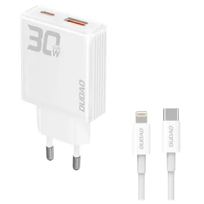 DUDAO OMREŽNI POLNILEC GAN A30EUL 30W USB-A USB-C LIGHTNING KABEL BEL
