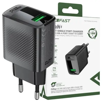 MREŽNI POLNILEC ACEFAST A90 GAN USB-A QC 18W ZA TELEFONE ČRN