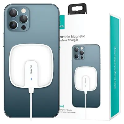USAMS MAGNETNI INDUKCIJSKI POLNILEC 15W ZA IPHONE 12 WHITE SERIJA