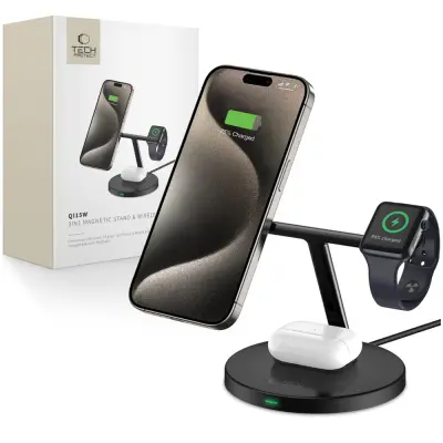 TECH-PROTECT QI INDUKCIJSKI POLNILEC 15W 3V1 MAGNETNI ZA MAGSAFE ČRN