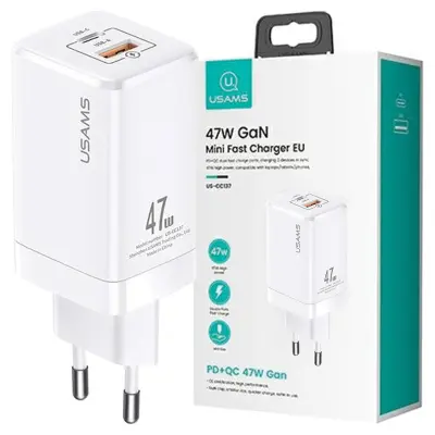 USAMS T41 OMREŽNI POLNILEC USB-C USB POLNILEC 47W PD QC HITRO POLNJENJE BEL