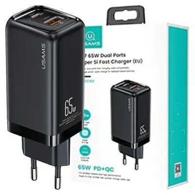 USAMS OMREŽNI POLNILEC 1XUSB-C 1XUSB PD 65W HITRO POLNJENJE ČRN