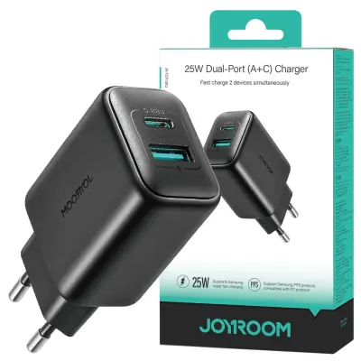 JOYROOM JR-TCF13 OMREŽNI POLNILEC USB-C USB-A 25W PD SFC PPS ČRN