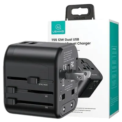 OMREŽNI ADAPTER USAMS. 2XUSB T55 12W 4V1 ZA GLAVNE DRŽAVE ČRNA