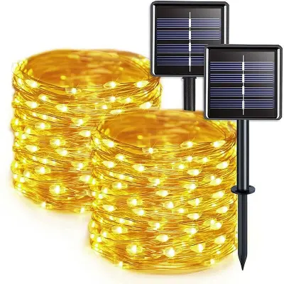 Zunanje sončne luči na nizu 12M 100LED 【Paket 2】 Zunanje sončne luči na nizu Vodoodporna topla bela 8 načinov Okras za sončno svetlobo za vrtno