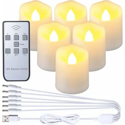 LED sveče za polnjenje, 6 paketov brezplamenskih sveč z daljinskim upravljalnikom za čajno lučko, s polnilnim kablom USB