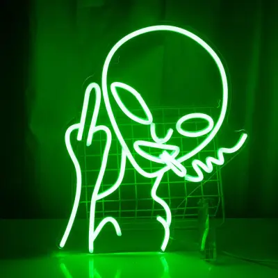 Zeleni neonski napis Alien, neonski napis za spalnico, neonski napisi Alien za stensko dekoracijo, dekor igralne sobe, 16x12 palcev