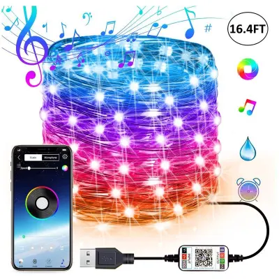 USB Bluetooth glasbena RGB luč s svetlobnim nizom Prenosna APP Bakrena žična luč (USB Bluetooth 5 metrov 50 lučk)