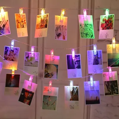 Niz luči za fotografije, niz luči za spalnico, LED luči za niz fotografij, baterijska svetilka za sponke za fotografije (3 m 20 led, barvita)
