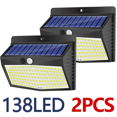 Zunanji senzor gibanja za sončno svetlobo【2 paketa 138LED】 Brezžična vodoodporna lučka 3 načini LED reflektor Solarna zunanja razsvetljava