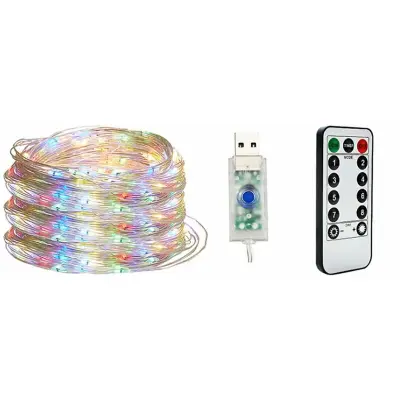 LED okrasne luči iz bakrene žice (20 metrov, 200 lučk, vodoodporna USB funkcija, s štiribarvnim daljinskim upravljalnikom)