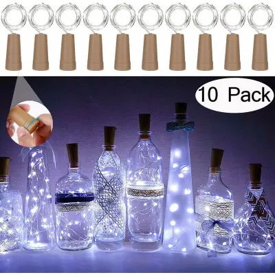 10 paketov lučk za steklenice, 20 LED lučk iz bakrene žice, luči za steklenice iz plute za dekoracijo DIY (bela)