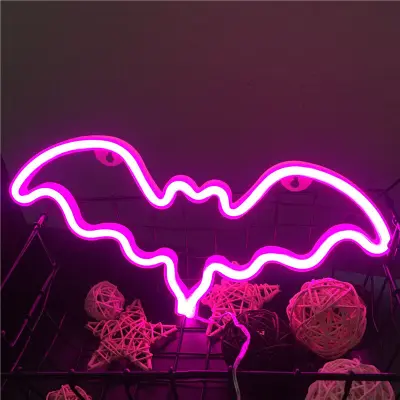 LED neonska lučka v obliki netopirja Stenski dekor za božično rojstnodnevno zabavo, otroška spalnica, dnevna soba, (roza barva) 30,5 x 12,5 cm