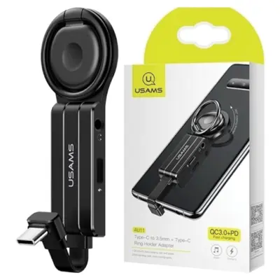 USAMS ADAPTER 2V1 USB-C 3,5MM + USB-C Z DRŽALOM ZA OBROČEK ZA TELEFONE ČRN